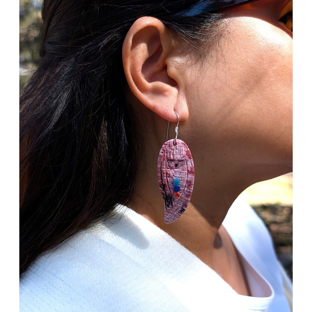 Zuni Purple White Spiny Oyster Corn Maiden Earrings Sterling Silver Signed - Picture 3 of 8